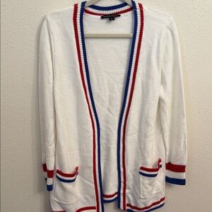 Boston Proper White Cardigan with Red and Blue Trim
